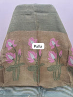 Leaf Green Tissue Linen Saree pallu