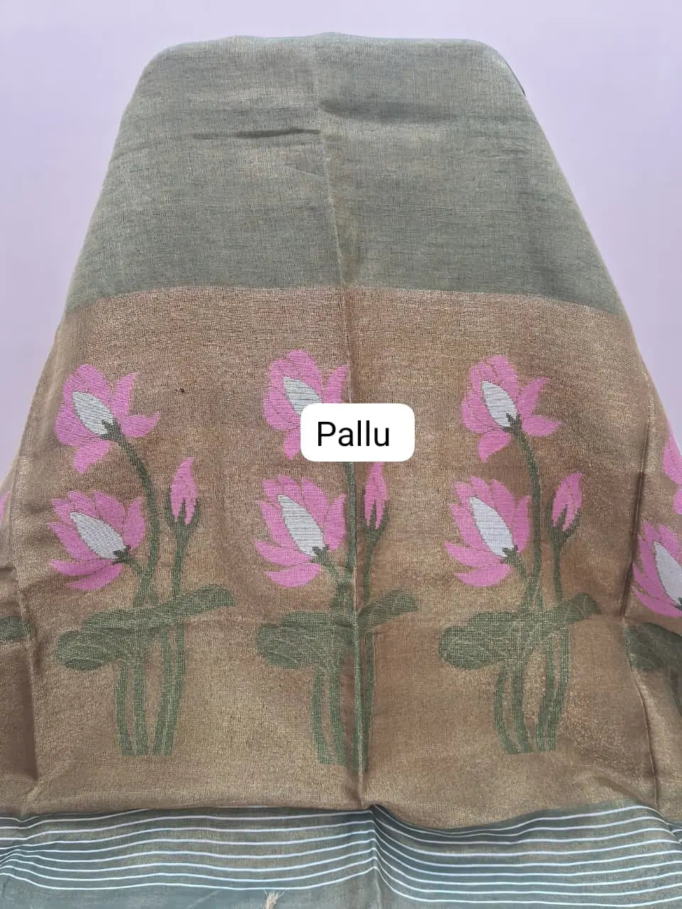 Leaf Green Tissue Linen Saree pallu