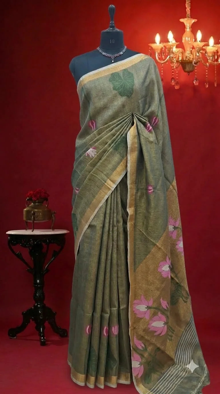 Leaf Green Tissue Linen Saree 