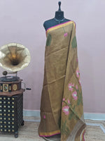 Olive Green Tissue Linen Saree 