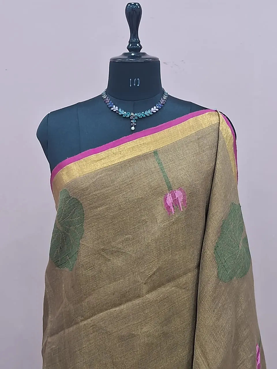 Olive Green Tissue Linen Saree 1