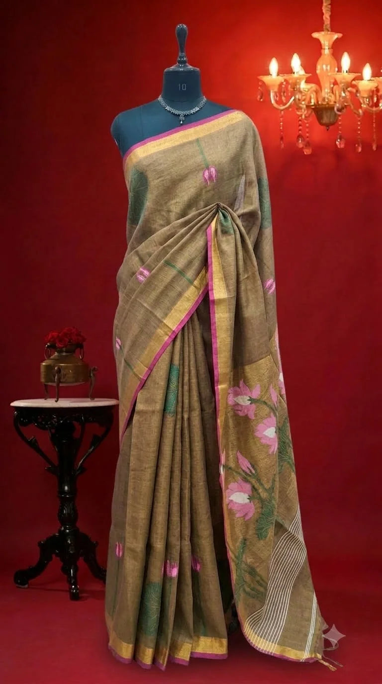 Olive Green Tissue Linen Saree 