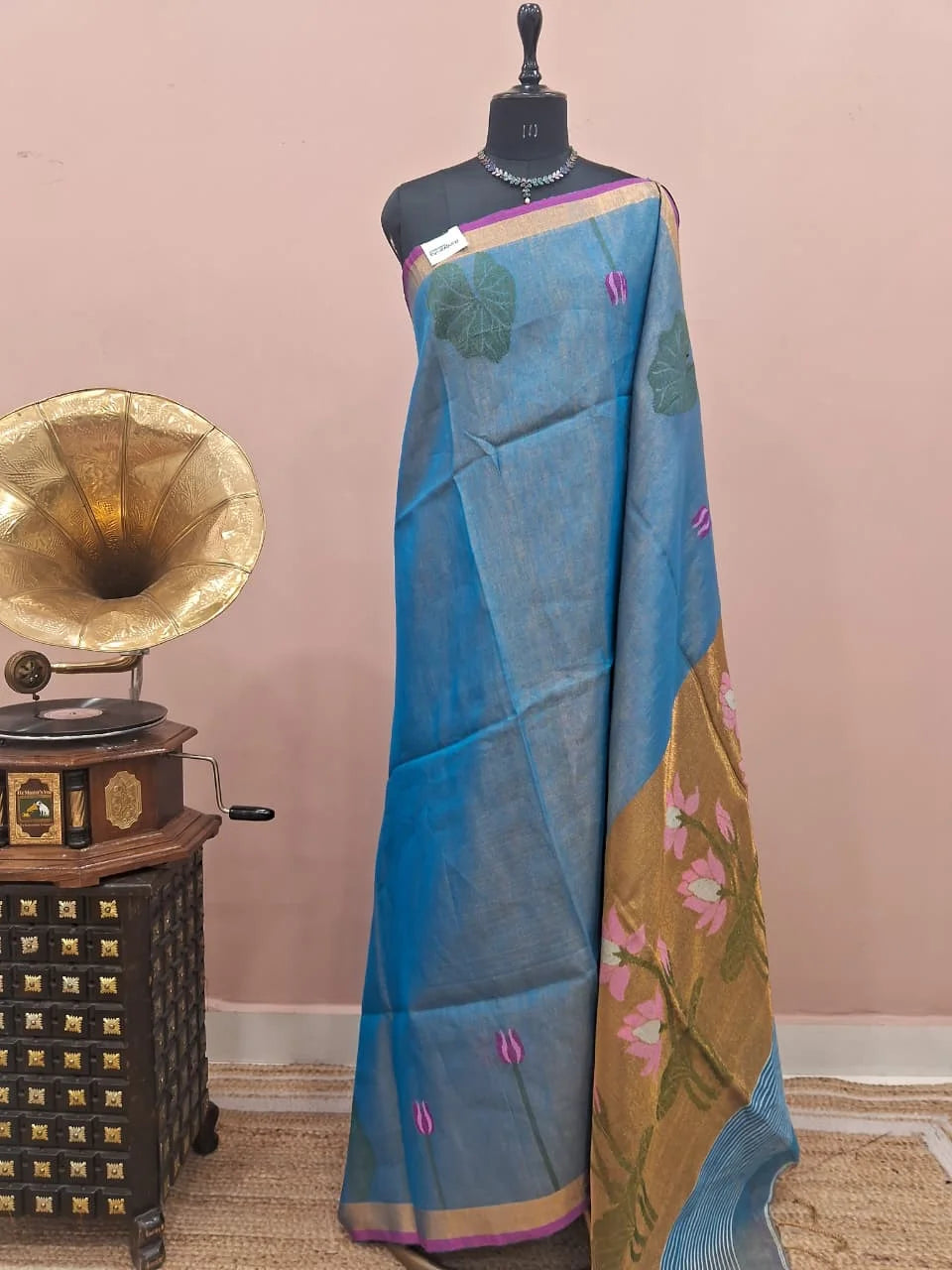 Sky Blue Tissue Linen Saree 