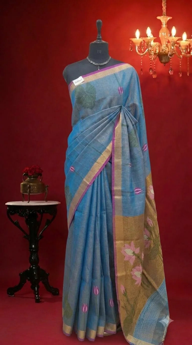 Sky Blue Tissue Linen Saree 