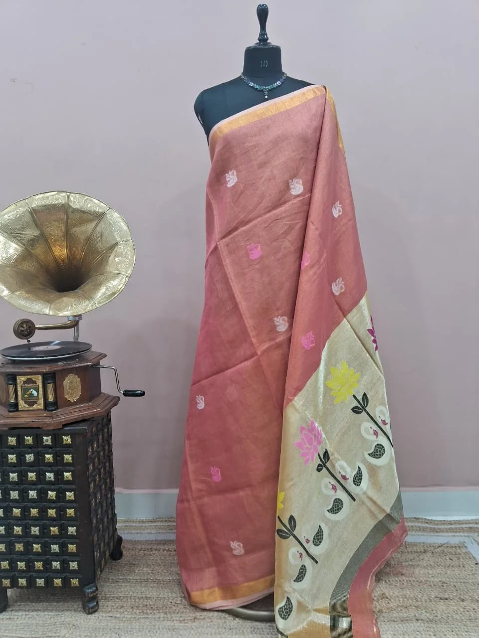 Peach Tissue Linen Saree 