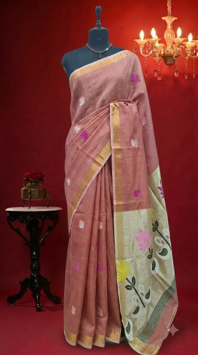 Peach Tissue Linen Saree 