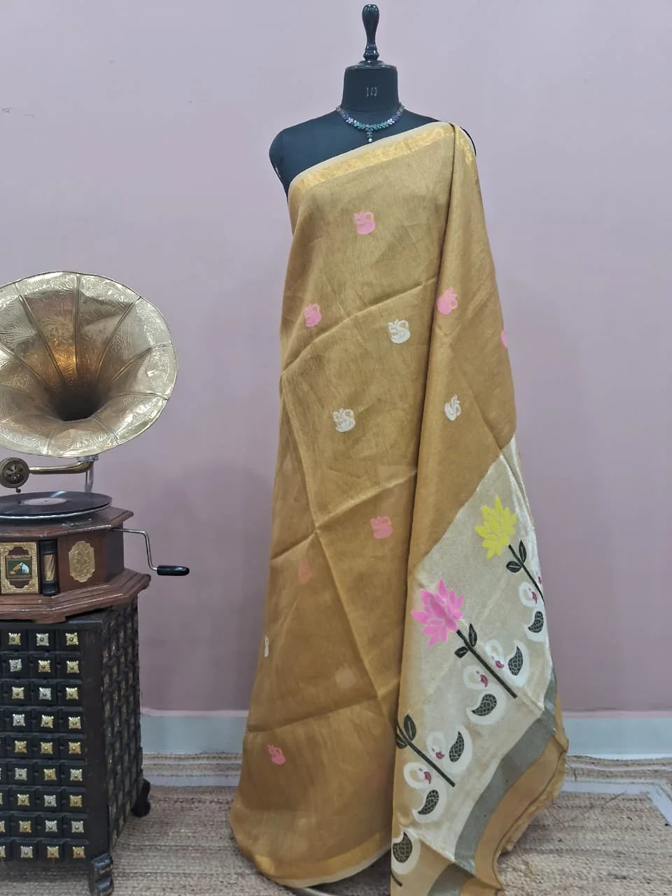 Gold Beige Tissue Linen Saree 