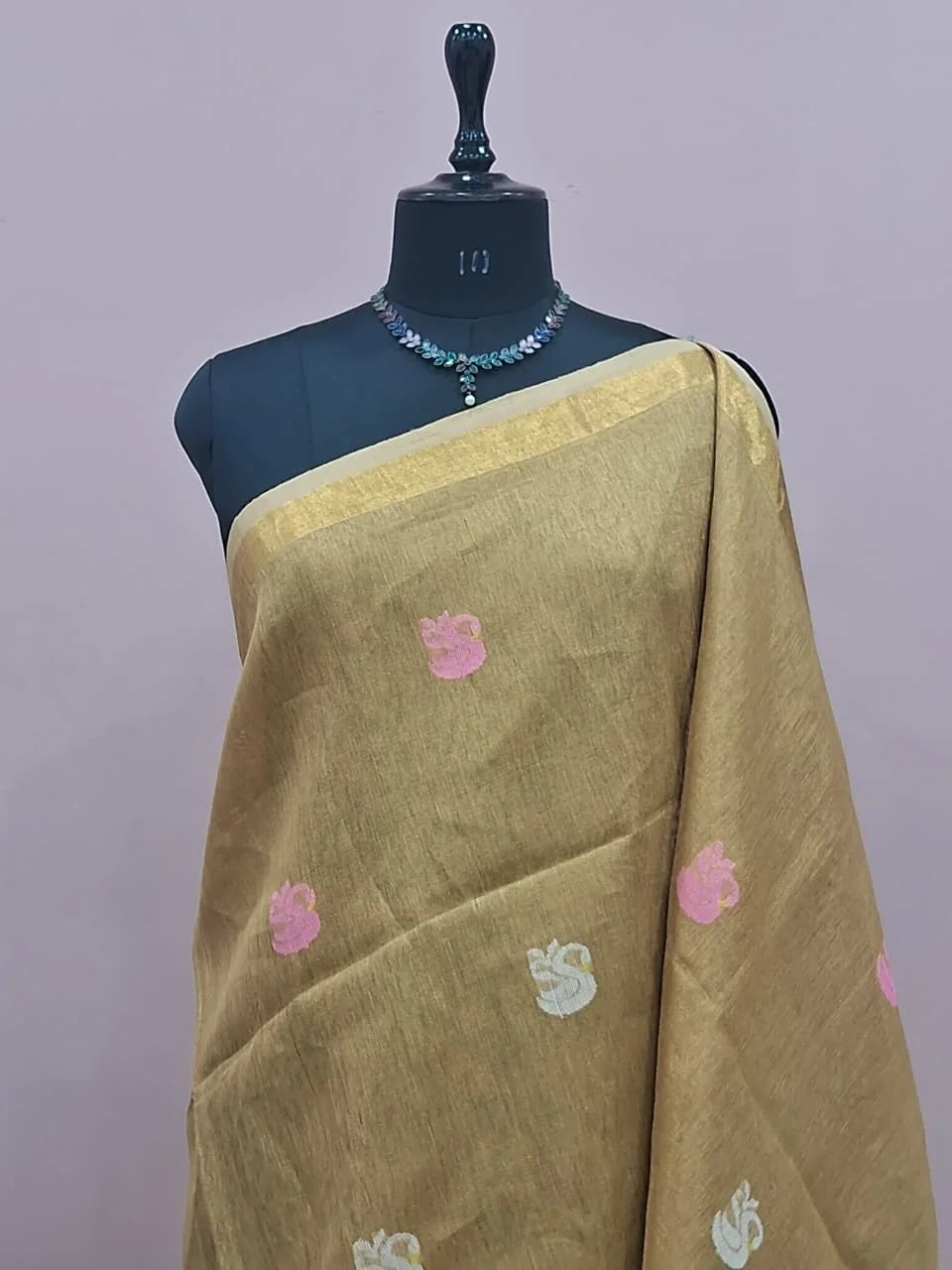 Gold Beige Tissue Linen Saree 1