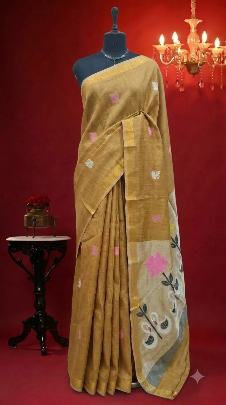 Gold Beige Tissue Linen Saree 