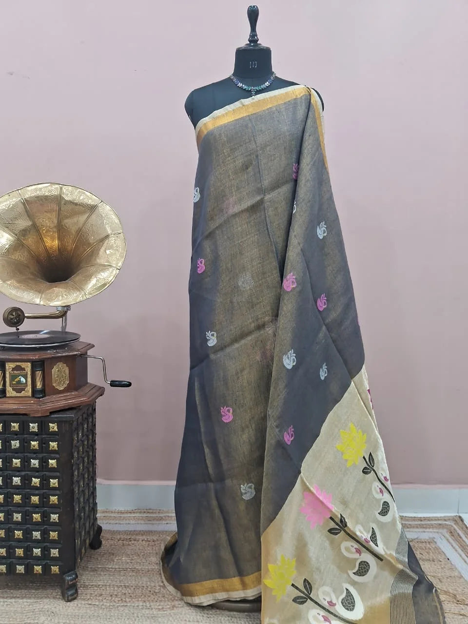 Dark Elephant Grey Tissue Linen Saree 