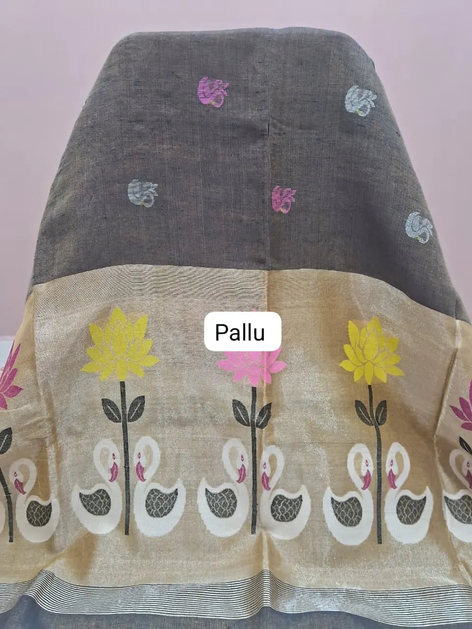 Dark Elephant Grey Tissue Linen Saree pallu