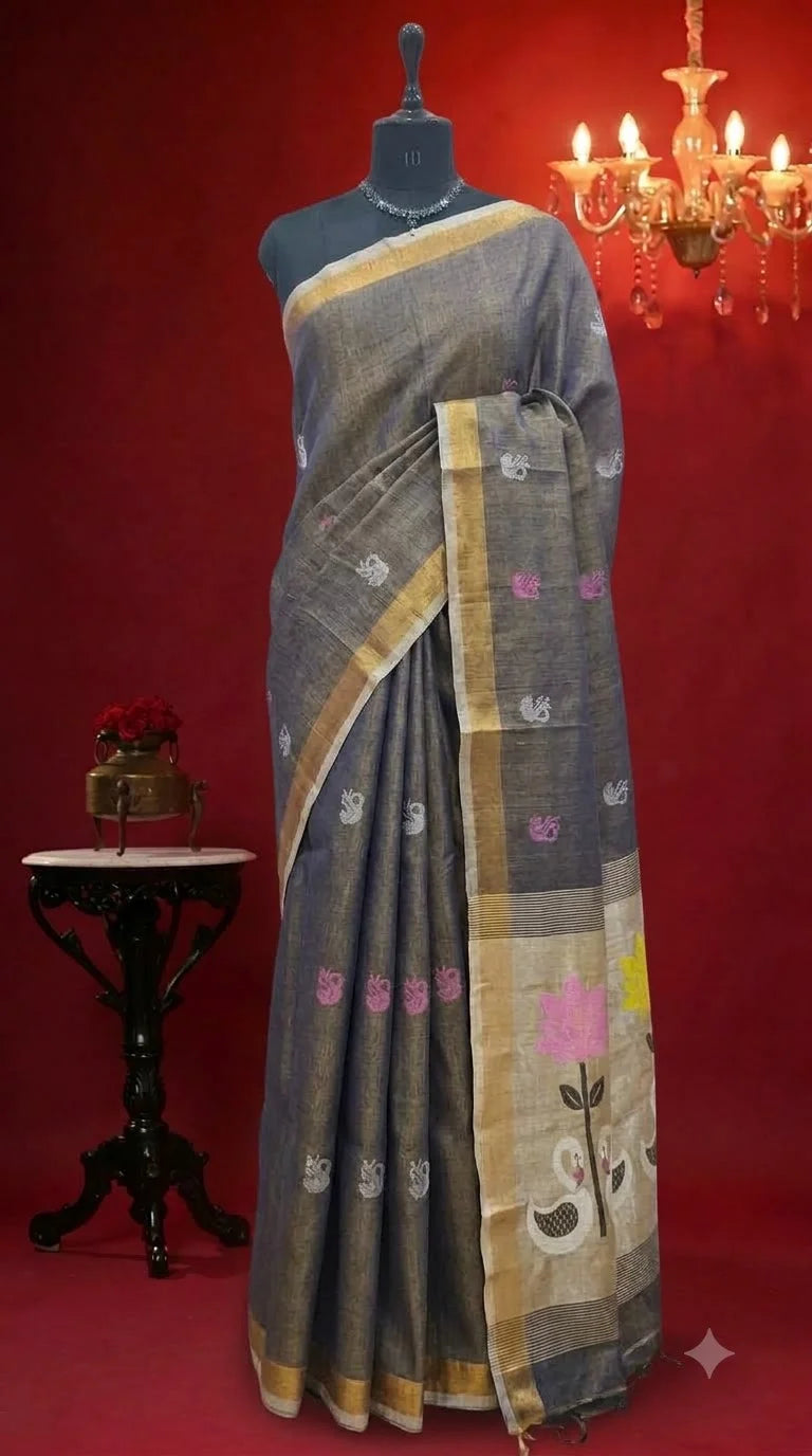 Dark Elephant Grey Tissue Linen Saree 