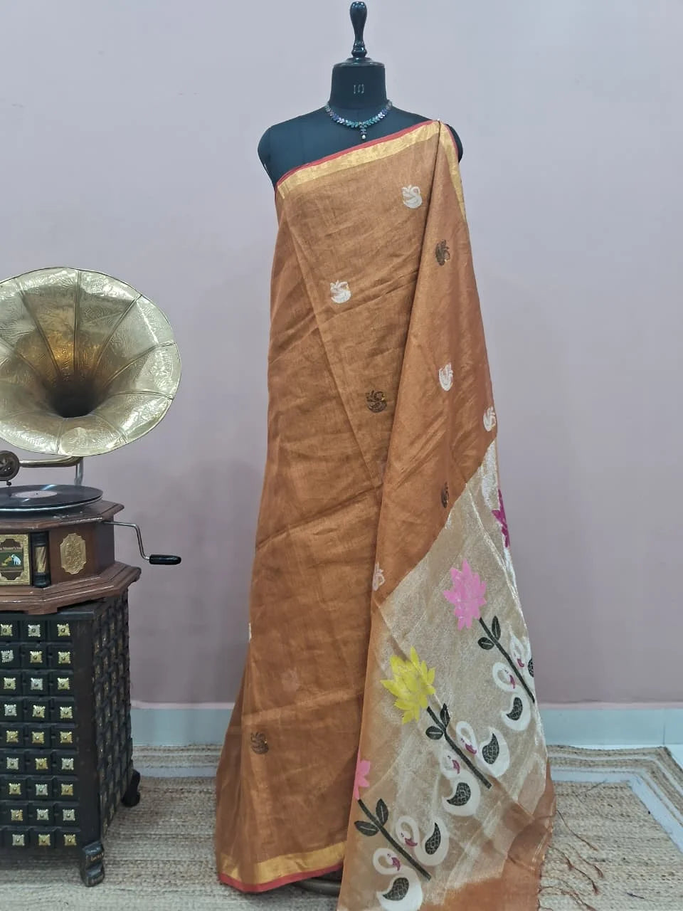 Brown Tissue Linen Saree 