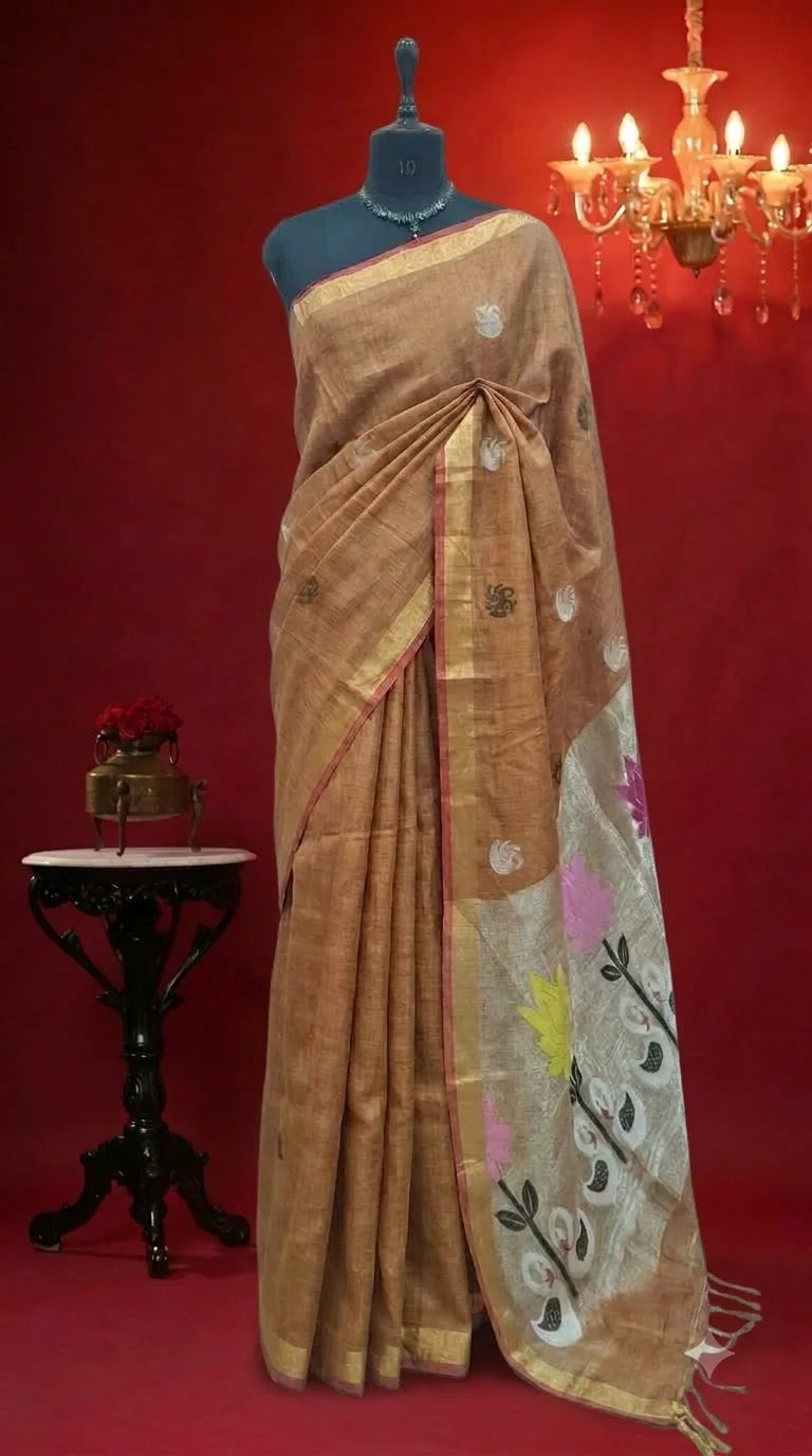 Brown Tissue Linen Saree 