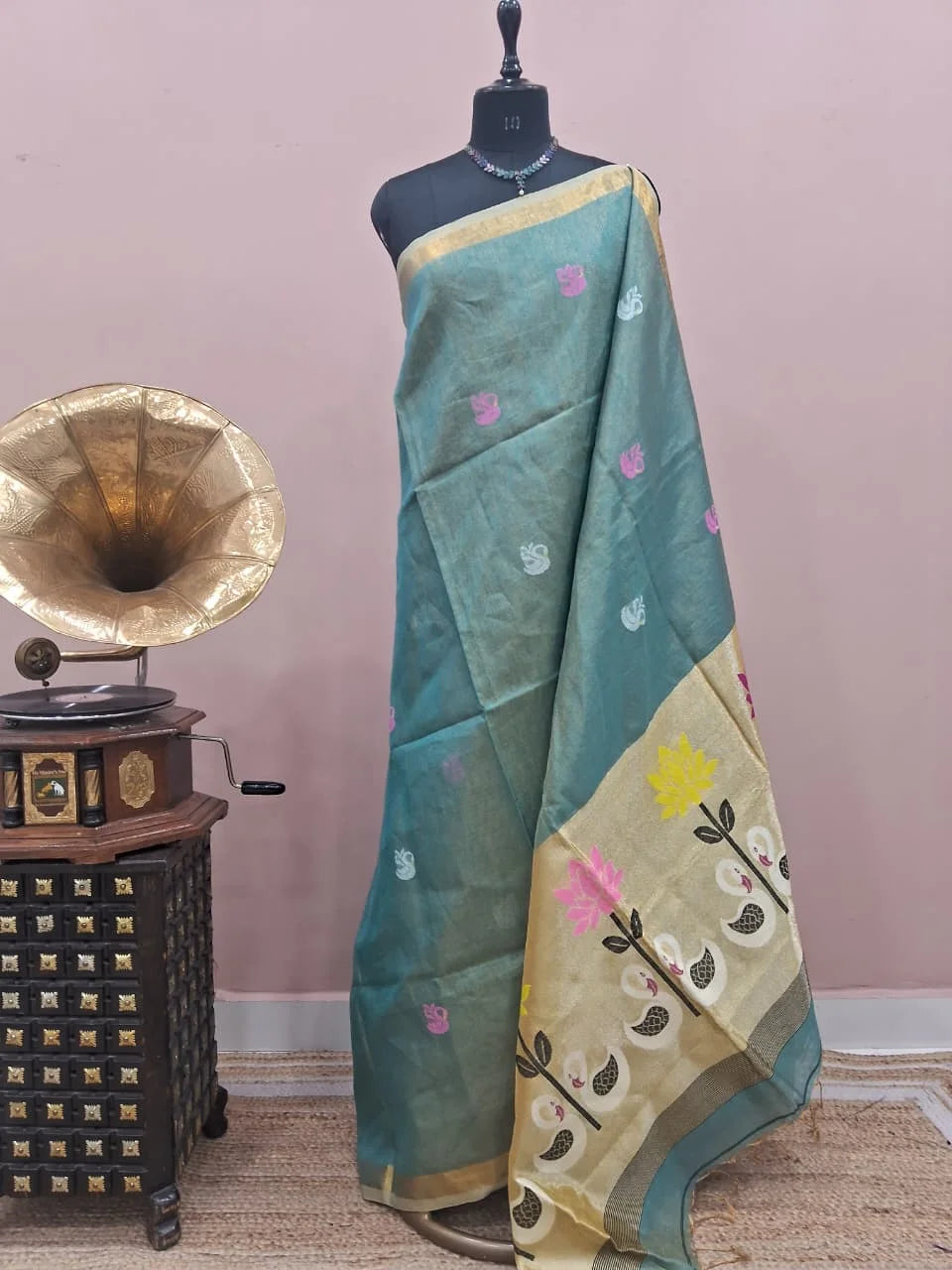 Marine Blue Tissue Linen Saree