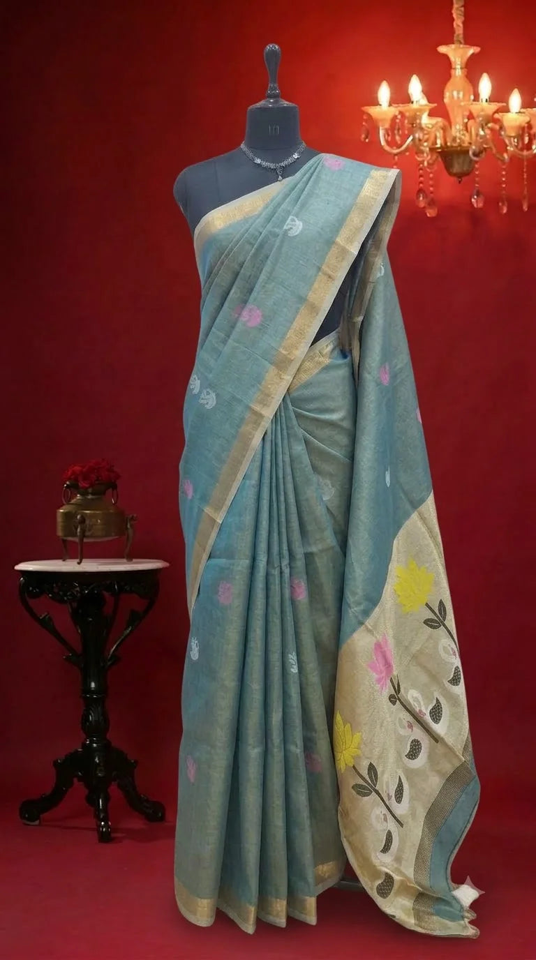 Marine Blue Tissue Linen Saree
