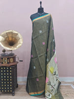Dark Olive Grey Tissue Linen Saree 