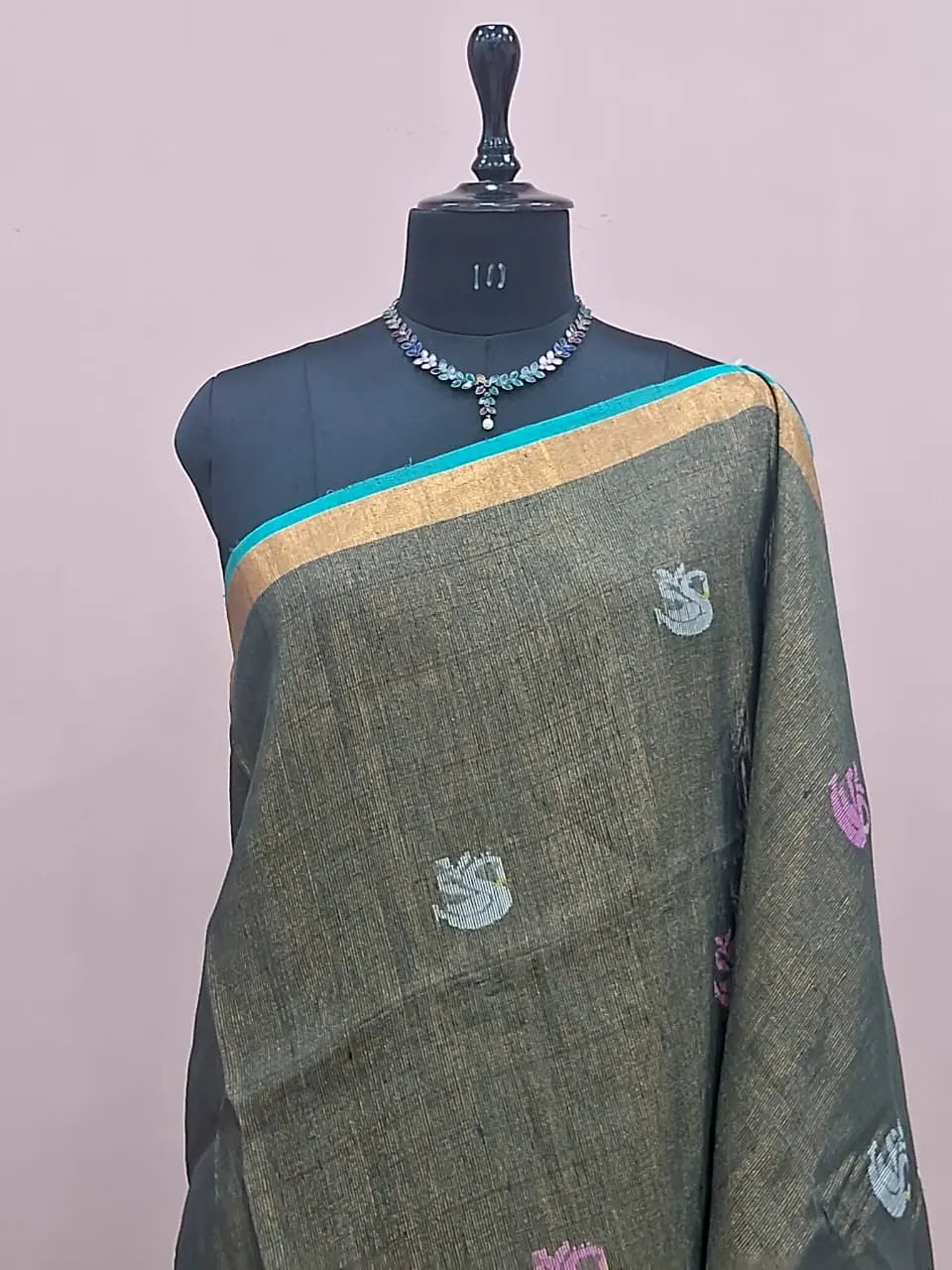 Dark Olive Grey Tissue Linen Saree 1