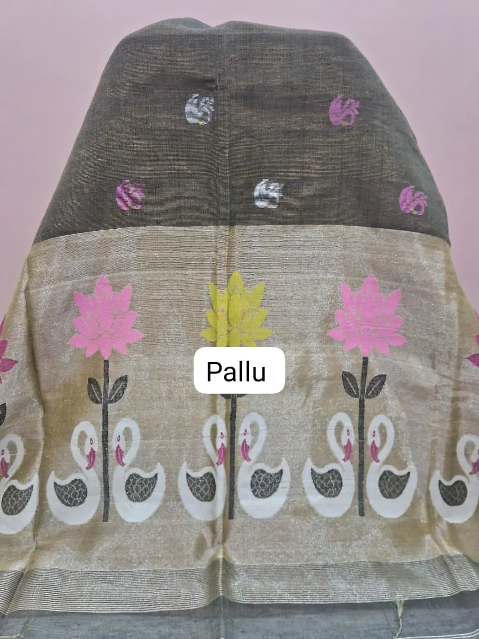 Dark Olive Grey Tissue Linen Saree pallu