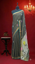 Dark Olive Grey Tissue Linen Saree 
