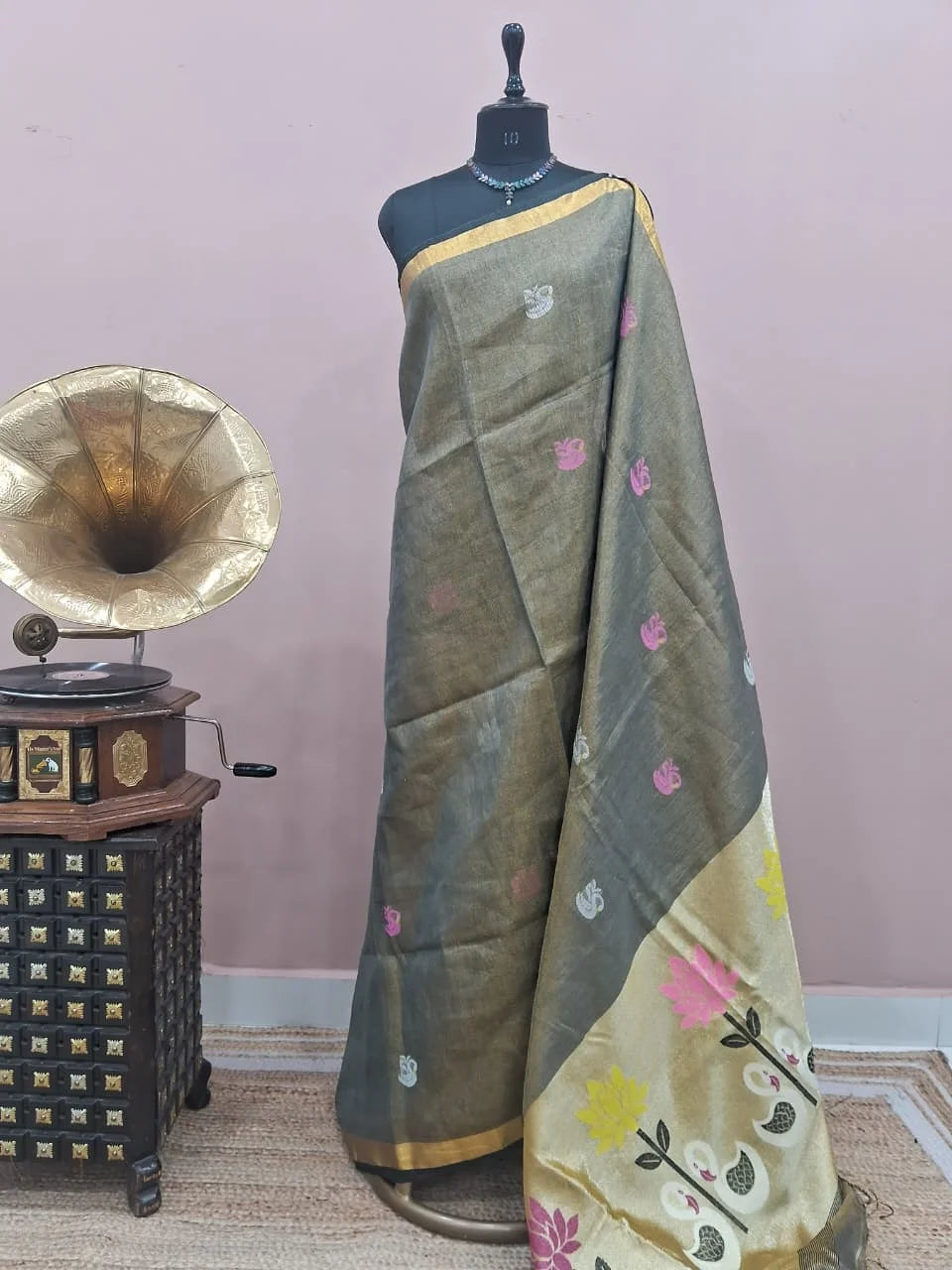 Grey Olive Tissue Linen Saree 