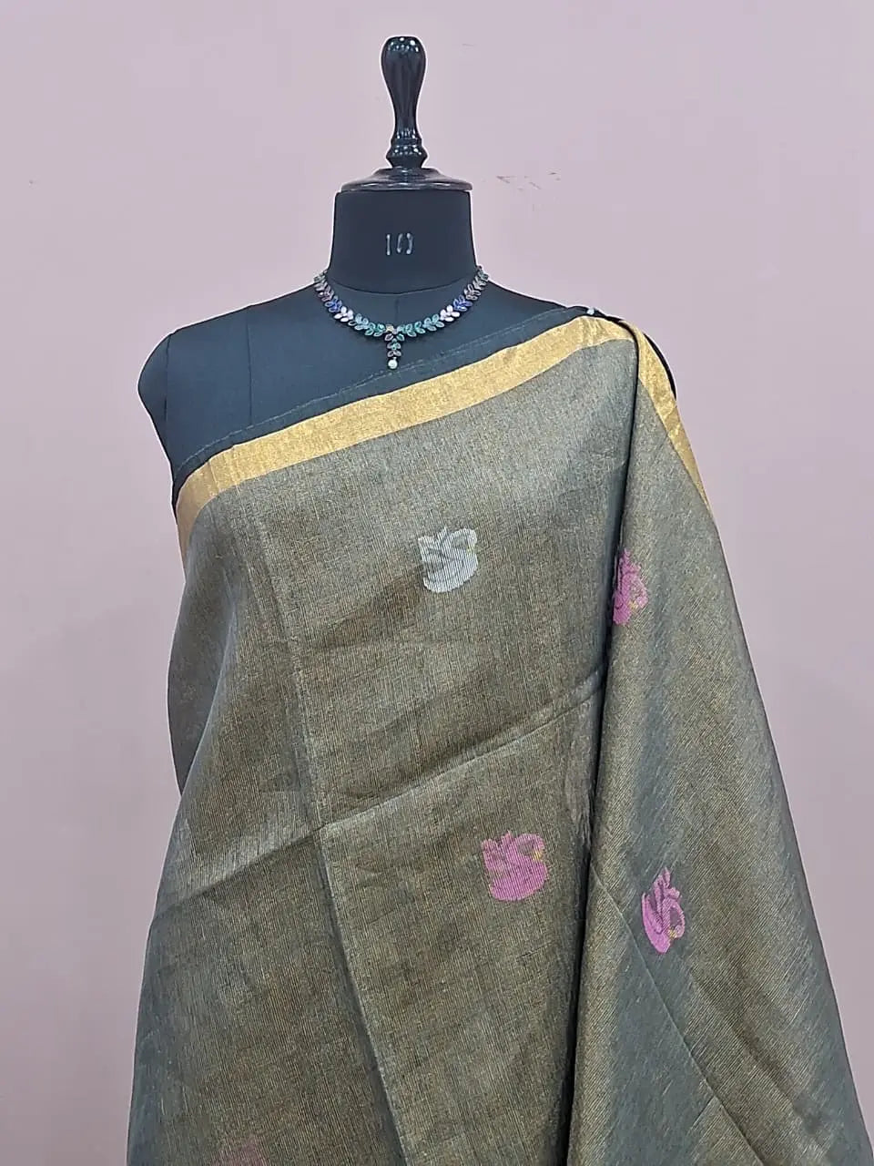 Grey Olive Tissue Linen Saree 1