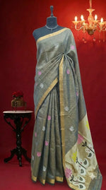Grey Olive Tissue Linen Saree 