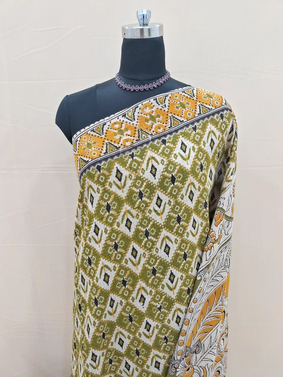 Olive Green Kalamkari Kota Saree 1