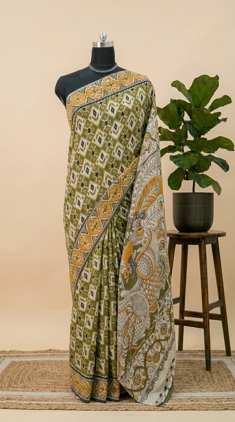 Olive Green Kalamkari Kota Saree 