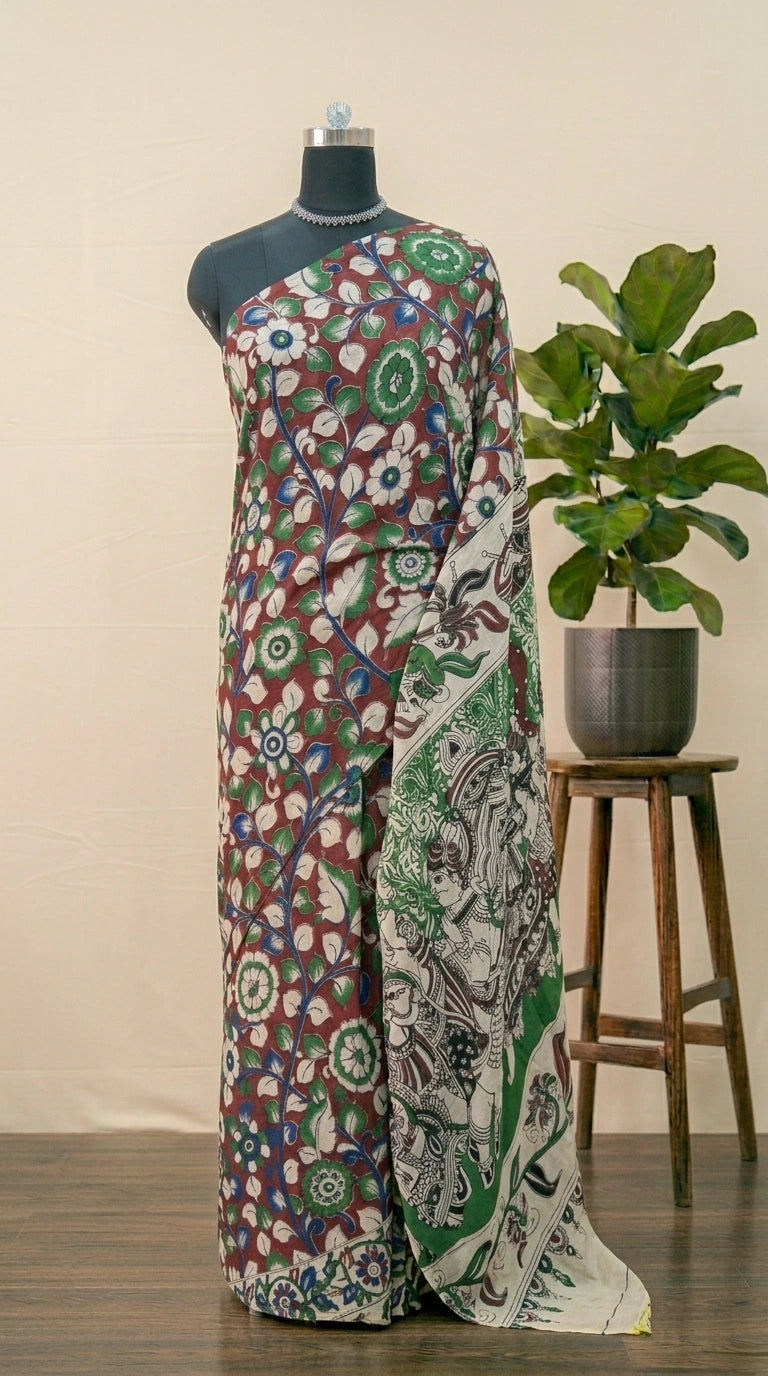 Chocolate Brown Kalamkari Kota Saree