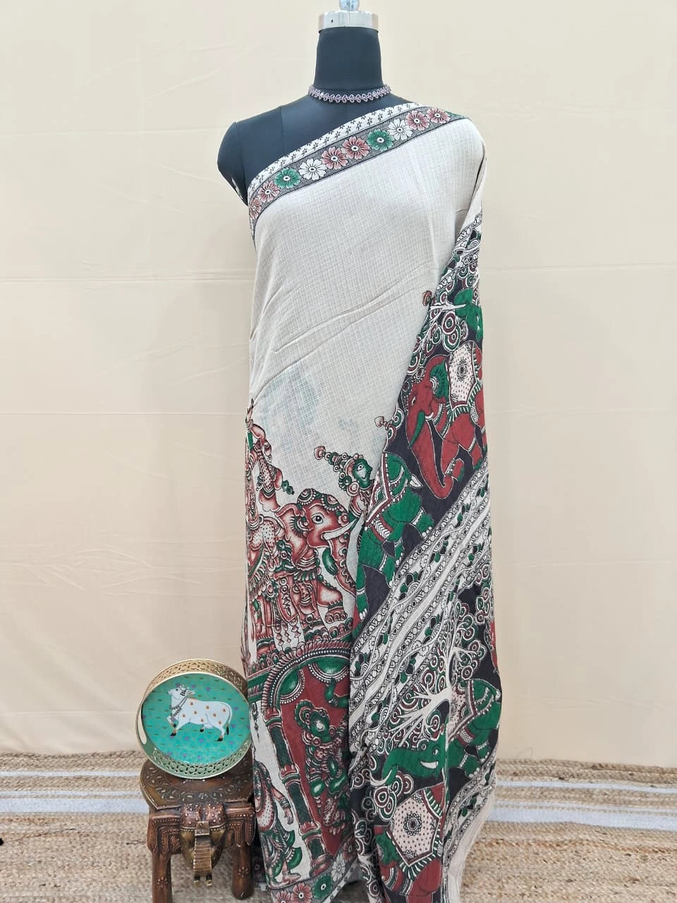 Soft Beige Printed Kalamkari Kota Saree 