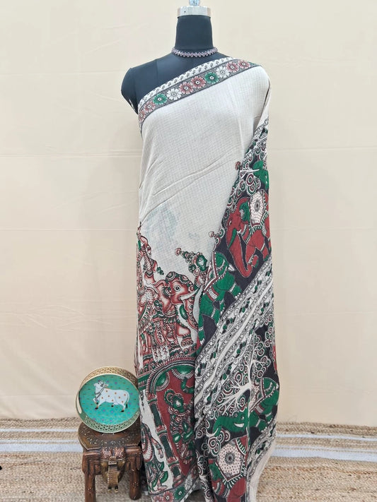Soft Beige Printed Kalamkari Kota Saree 