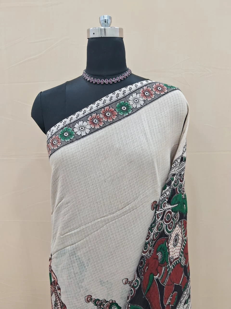Soft Beige Printed Kalamkari Kota Saree 1