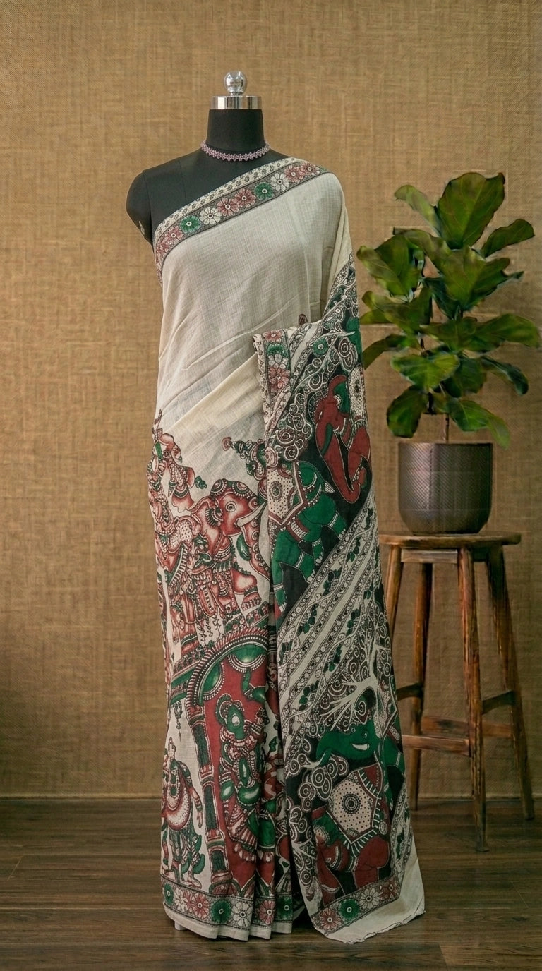 Soft Beige Printed Kalamkari Kota Saree 