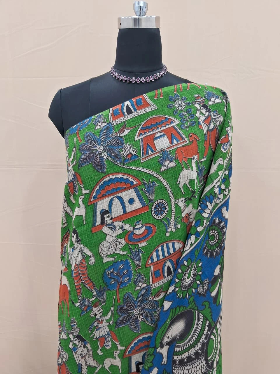 Bright Green Kalamkari Kota Traditional Saree   