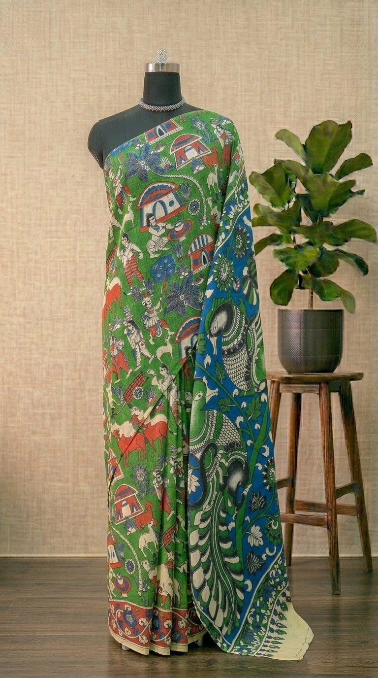 Bright Green Kalamkari Kota Traditional Saree