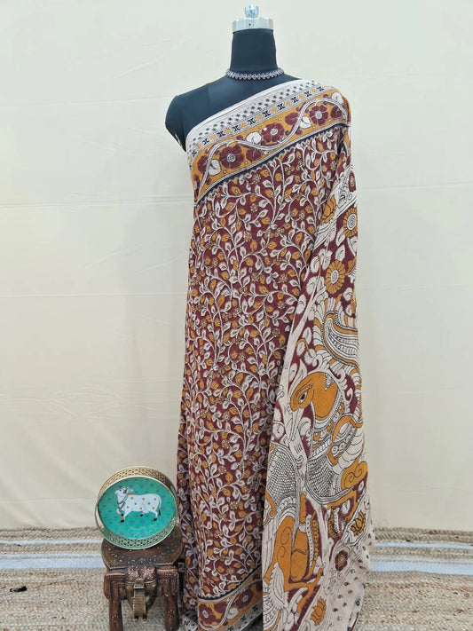Brick Red Kalamkari Kota Festive Saree