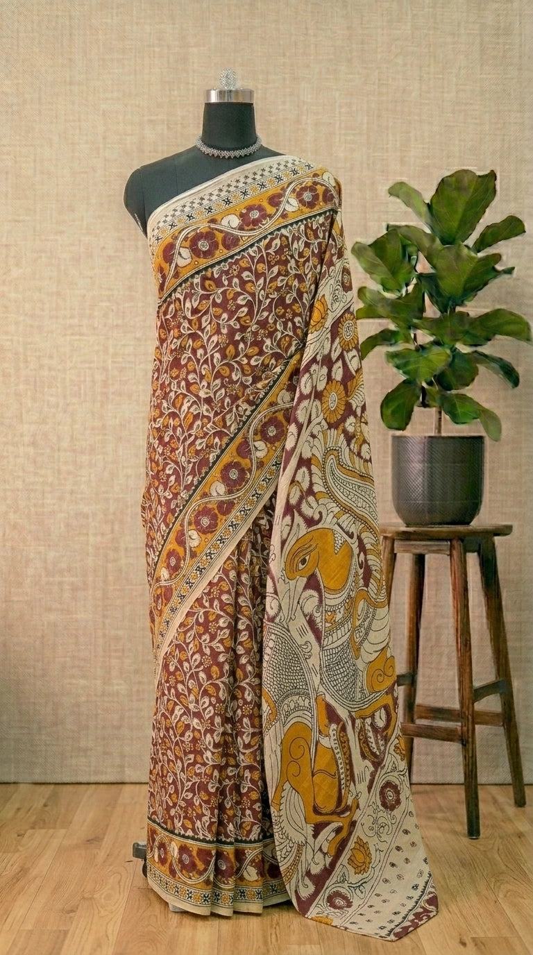 Brick Red Kalamkari Kota Festive Saree
