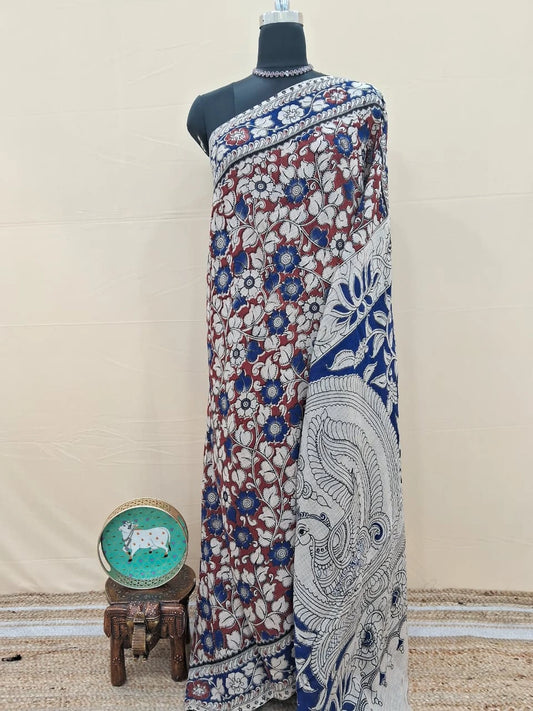 Rust Red Floral Printed Kalamkari  Kota Saree