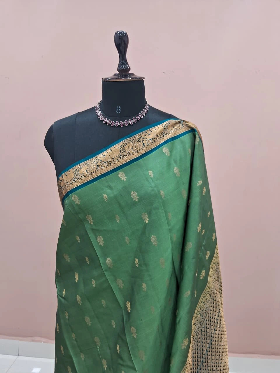 Dark Seafoam Green Pure Kanchi Pattu Saree 1
