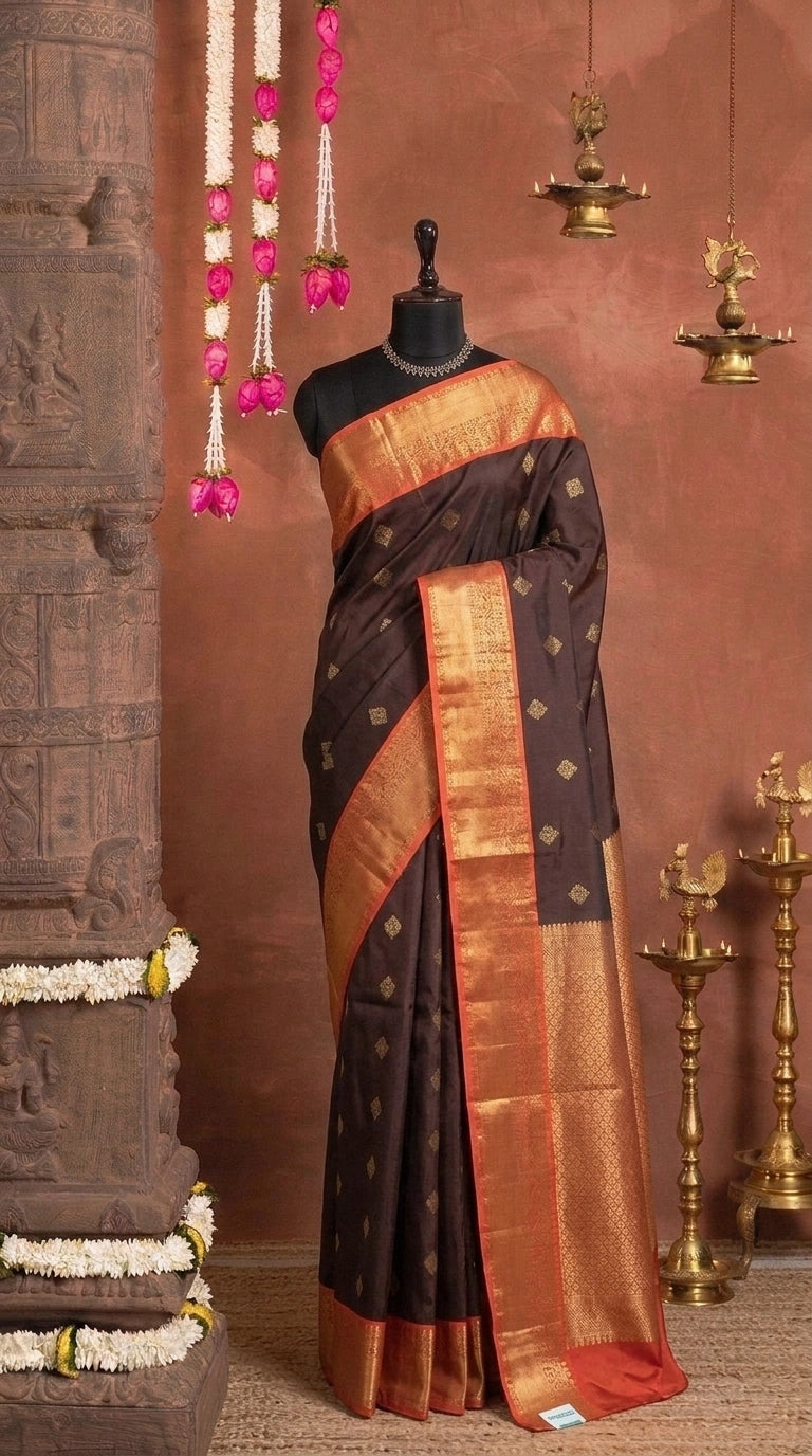Dark Chocolate Brown Pure Kanchi Pattu Saree