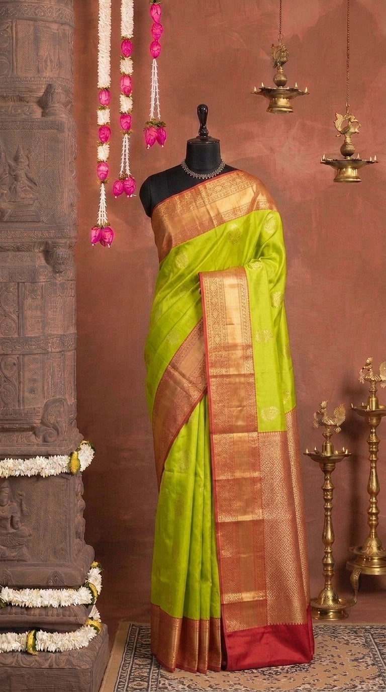 Bright Green Pure Kanchi Pattu Saree 