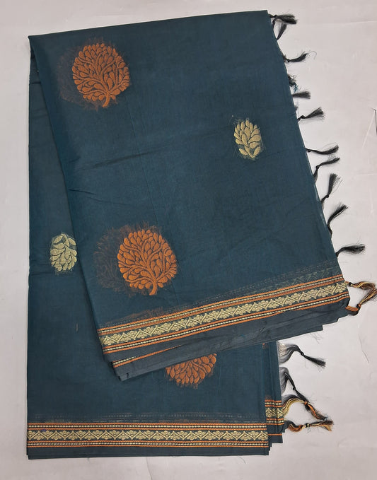 Teal Blue Korvai Kanchi Cotton Saree 