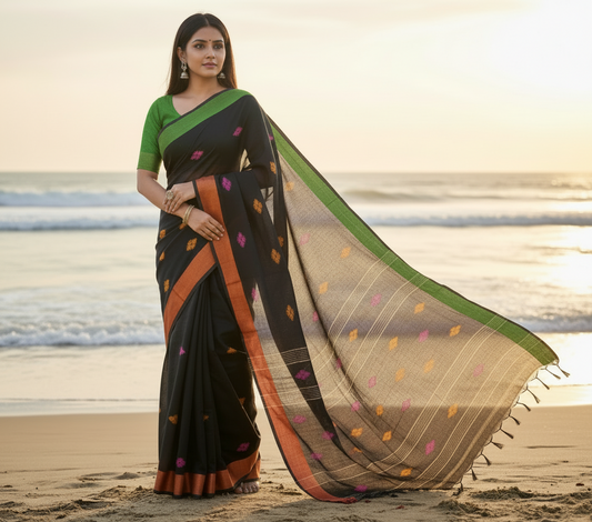 Black Khadhi Cotton Saree pallu