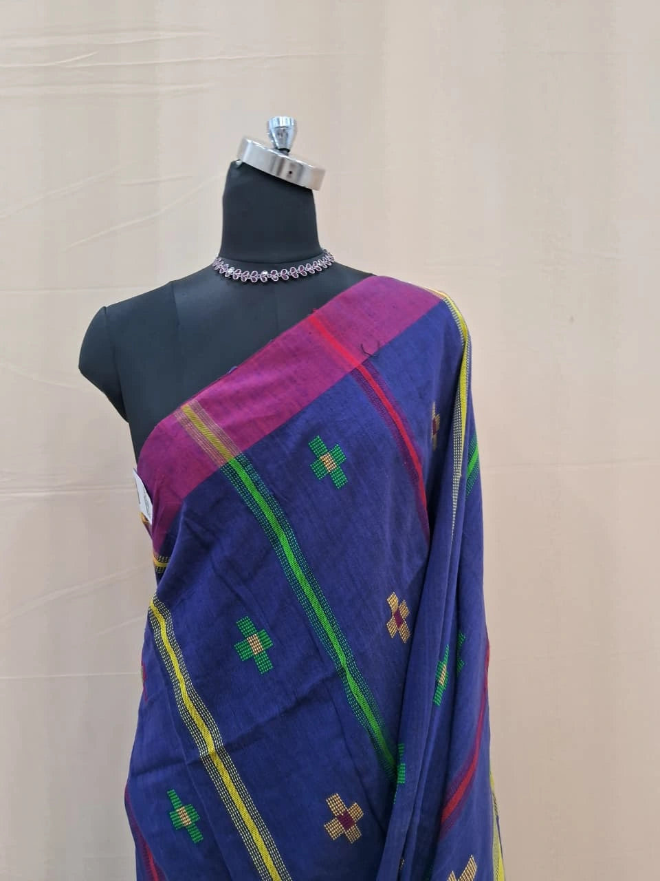 Navy Blue Khadhi Cotton Saree with Multicolor Stripes & Bhuttis 1