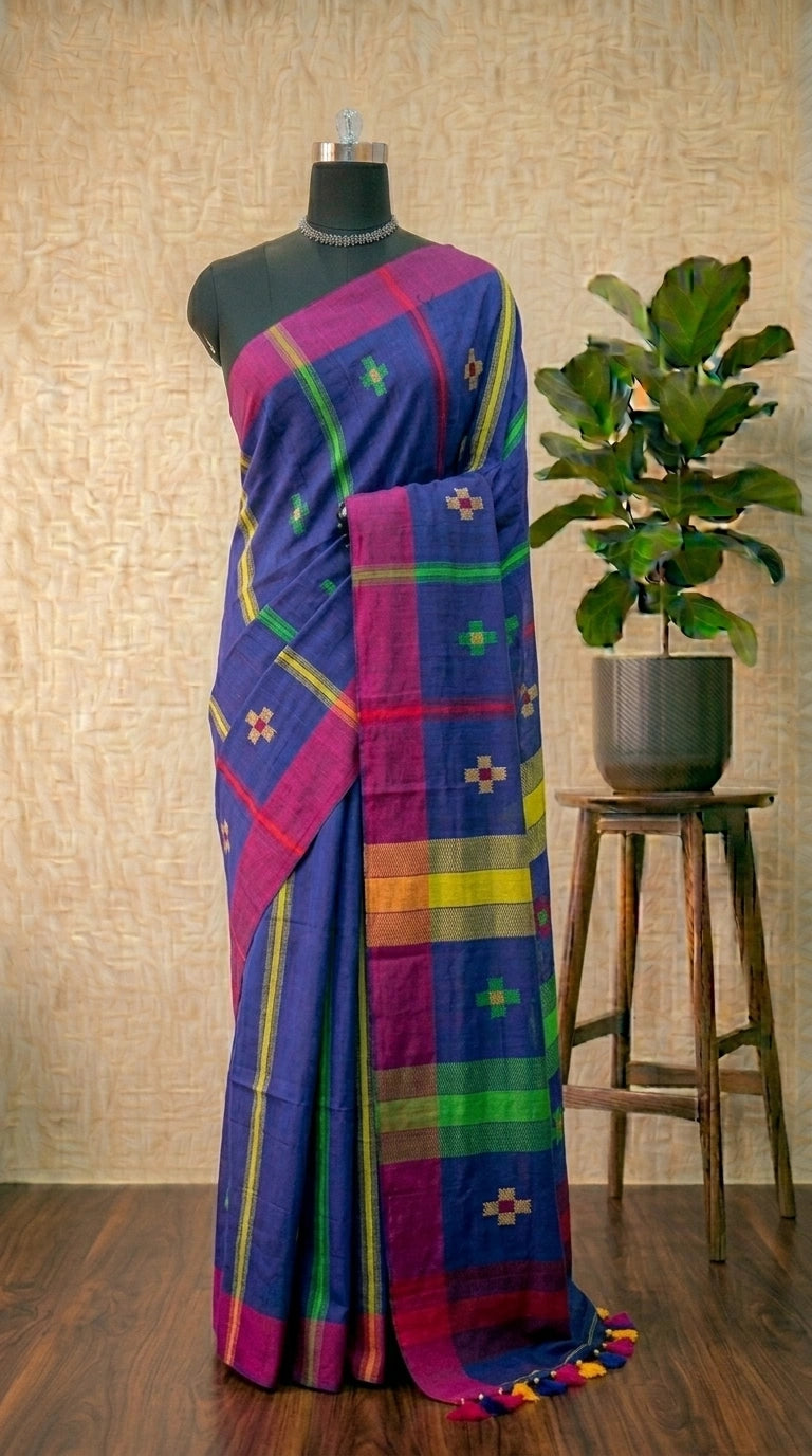 Navy Blue Khadhi Cotton Saree with Multicolor Stripes & Bhuttis