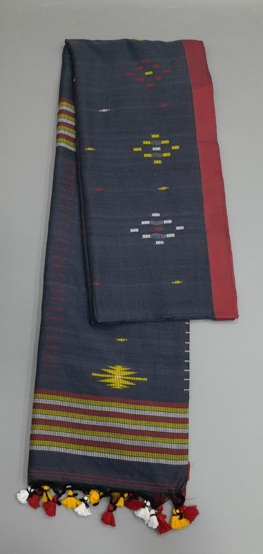 Dark grey Khadi Cotton Saree