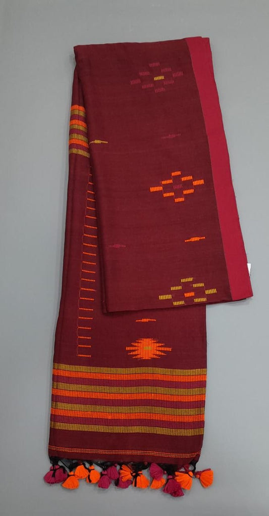 Maroon Khadi Cotton Saree