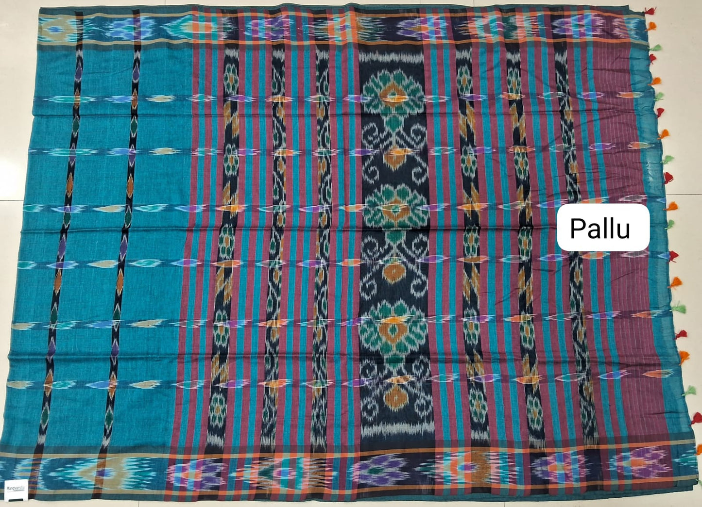 Caribbean Blue Khadhi Cotton Saree pallu