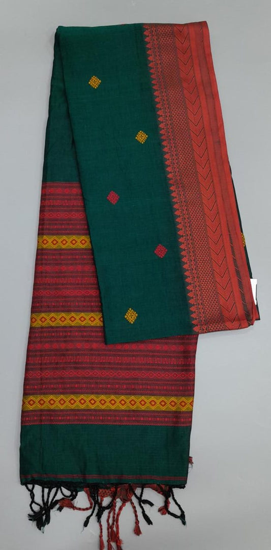 Handwoven bottle green silk cotton saree